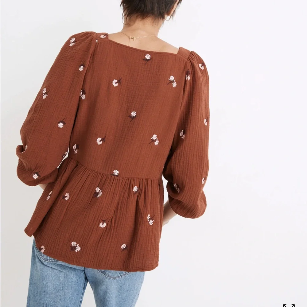 Madewell Amie Floral Embroidered Lightspun Millbrook Puff-Sleeve Peplum Top XS